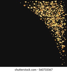 Gold gradient hearts confetti. Top right corner on black valentine background. Vector illustration.