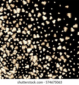 Gold gradient hearts random confetti bottom left corner. Shiny gradient on black background. Perfect for invitation or greeting card, banners, decoration, rich soft metal gold backdrop