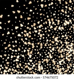 Gold gradient hearts random confetti bottom right corner. Shiny gradient on black background. Perfect for invitation or greeting card, banners, decoration, rich soft metal gold backdrop