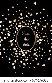 Gold gradient hearts random confetti invitation card template. Shiny gradient on black background. Perfect for greeting card, banners, decoration, rich soft metal gold backdrop with place for text