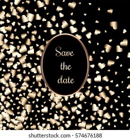 Gold gradient hearts random confetti invitation card template. Shiny gradient on black background. Perfect for greeting card, banners, decoration, rich soft metal gold backdrop with place for text