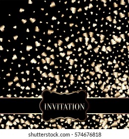 Gold gradient hearts random confetti invitation card template. Shiny gradient on black background. Perfect for greeting card, banners, decoration, rich soft metal gold backdrop with place for text