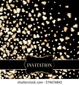 Gold gradient hearts random confetti invitation card template. Shiny gradient on black background. Perfect for greeting card, banners, decoration, rich soft metal gold backdrop with place for text