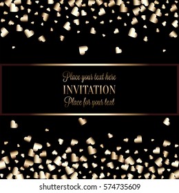 Gold gradient hearts random confetti invitation card template. Shiny gradient on black background. Perfect for greeting card, banners, decoration, rich soft metal gold backdrop with place for text