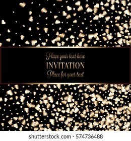Gold gradient hearts random confetti invitation card template. Shiny gradient on black background. Perfect for greeting card, banners, decoration, rich soft metal gold backdrop with place for text
