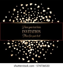 Gold gradient hearts random confetti invitation card template. Shiny gradient on black background. Perfect for greeting card, banners, decoration, rich soft metal gold backdrop with place for text