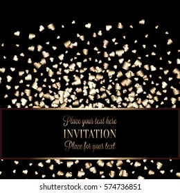 Gold gradient hearts random confetti invitation card template. Shiny gradient on black background. Perfect for greeting card, banners, decoration, rich soft metal gold backdrop with place for text
