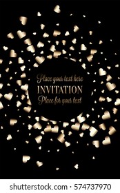 Gold gradient hearts random confetti invitation card template. Shiny gradient on black background. Perfect for greeting card, banners, decoration, rich soft metal gold backdrop with place for text