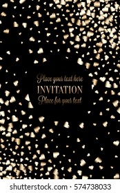 Gold gradient hearts random confetti invitation card template. Shiny gradient on black background. Perfect for greeting card, banners, decoration, rich soft metal gold backdrop with place for text