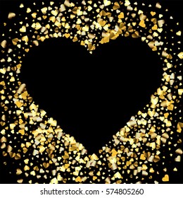 Gold gradient hearts random confetti heart-shaped wallpaper. Shiny gradient on black background. Perfect for greeting card, banners, decoration, rich soft metal gold backdrop