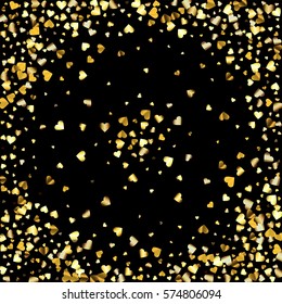 Gold gradient hearts random confetti invitation card template. Shiny gradient on black background. Perfect for greeting card, banners, decoration, rich soft metal gold backdrop with place for text