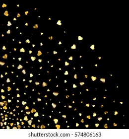Gold gradient hearts random confetti bottom left corner. Shiny gradient on black background. Perfect for invitation or greeting card, banners, decoration, rich soft metal gold backdrop
