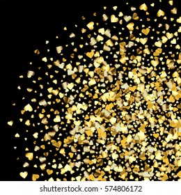 Gold gradient hearts random confetti bottom right corner. Shiny gradient on black background. Perfect for invitation or greeting card, banners, decoration, rich soft metal gold backdrop