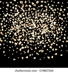 Gold gradient hearts random confetti wallpaper. Shiny gradient on black background. Perfect for invitation or greeting card, banners, decoration, rich soft metal gold backdrop