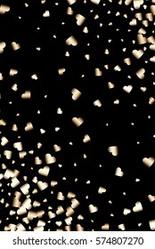 Gold gradient hearts random confetti wallpaper. Shiny gradient on black background. Perfect for invitation or greeting card, banners, decoration, rich soft metal gold backdrop