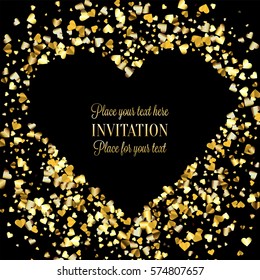 Gold gradient hearts random confetti heart-shaped card template. Shiny gradient on black background. Perfect for greeting card, banners, decoration, rich soft metal gold backdrop with place for text