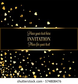 Gold gradient hearts random confetti invitation card template. Shiny gradient on black background. Perfect for greeting card, banners, decoration, rich soft metal gold backdrop with place for text
