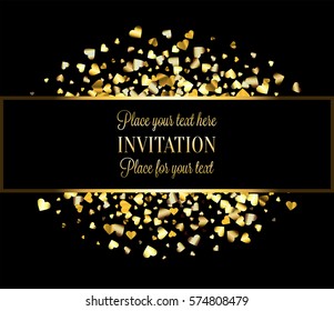 Gold gradient hearts random confetti invitation card template. Shiny gradient on black background. Perfect for greeting card, banners, decoration, rich soft metal gold backdrop with place for text
