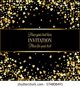 Gold gradient hearts random confetti invitation card template. Shiny gradient on black background. Perfect for greeting card, banners, decoration, rich soft metal gold backdrop with place for text