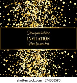 Gold gradient hearts random confetti invitation card template. Shiny gradient on black background. Perfect for greeting card, banners, decoration, rich soft metal gold backdrop with place for text