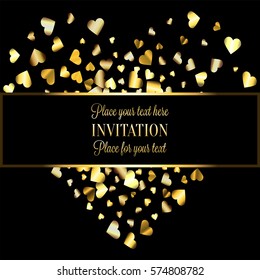 Gold gradient hearts random confetti heart-shaped card template. Shiny gradient on black background. Perfect for greeting card, banners, decoration, rich soft metal gold backdrop with place for text
