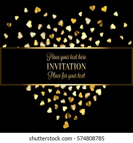 Gold gradient hearts random confetti heart-shaped card template. Shiny gradient on black background. Perfect for greeting card, banners, decoration, rich soft metal gold backdrop with place for text