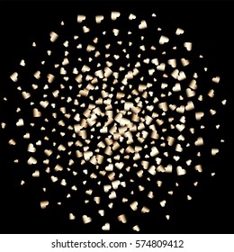 Gold gradient hearts random confetti in circle shape. Shiny gradient on black background. Perfect for invitation or greeting card, banners, decoration, rich soft metal gold backdrop