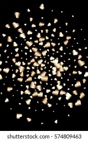 Gold gradient hearts random confetti in circle shape. Shiny gradient on black background. Perfect for invitation or greeting card, banners, decoration, rich soft metal gold backdrop