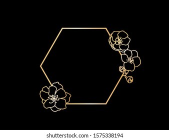 Gold gradient hexagon frame decorated with flowers isolated on black background. Botanical vector design element template.