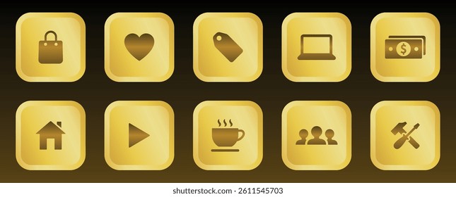 Gold Gradient Icon Set Featuring Shopping Payment Coffee Laptop Home Love Tag and Community UI Elements in Glossy 3D Style for Modern App and Web Interface Design