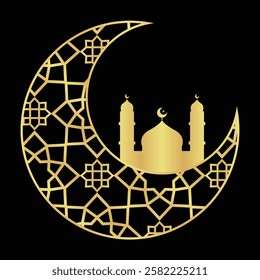 Gold Gradient with Islamic Pattern and Small Mosque