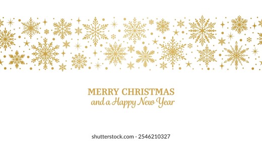 Gold gradient Merry Christmas greeting card design, seamless repeating snowflake border, winter holiday wishes, white and gold