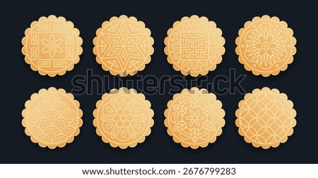 Gold gradient Mooncakes set on dark background. Top view on Chinese Mid Autumn Festival treat. Flat vector illustration. Traditional holiday food design icons for banner, poster, card, social media