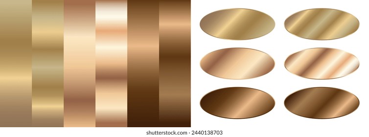 Degradado oro, degradado oro rosa y degradado bronce. Conjunto vectorial de degradados metálicos y pegatinas ovaladas.