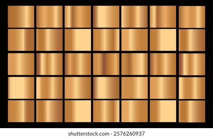 Gold gradient set background icon texture metallic illustration for frame, ribbon, banner, coin and label. Realistic abstract golden design seamless pattern.