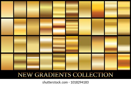 Gold gradient set background vector icon texture metallic illustration for frame, ribbon, banner, coin and label. Realistic abstract golden design seamless pattern. Elegant and shine template