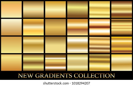 Gold gradient set background vector icon texture metallic illustration for frame, ribbon, banner, coin and label. Realistic abstract golden design seamless pattern. Elegant light and shine template