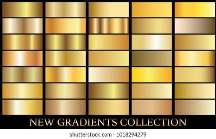 Gold gradient set background vector icon texture metallic illustration for frame, ribbon, banner, coin and label. Realistic abstract golden design seamless pattern. Elegant light and shine template