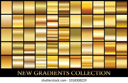 Gold gradient set background vector icon texture metallic illustration for frame, ribbon, banner, coin and label. Realistic abstract golden design seamless pattern. Elegant light and shine template