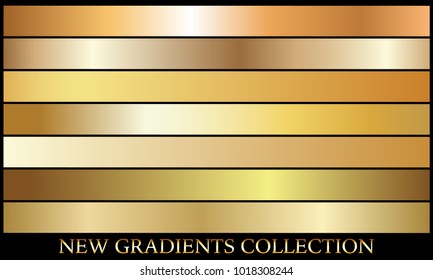 Gold gradient set background vector icon texture metallic illustration for frame, ribbon, banner, coin and label. Realistic abstract golden design seamless pattern. Elegant light and shine template
