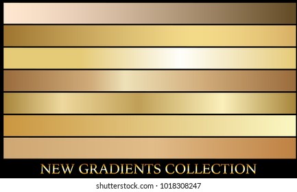 Gold gradient set background vector icon texture metallic illustration for frame, ribbon, banner, coin and label. Realistic abstract golden design seamless pattern. Elegant light and shine template