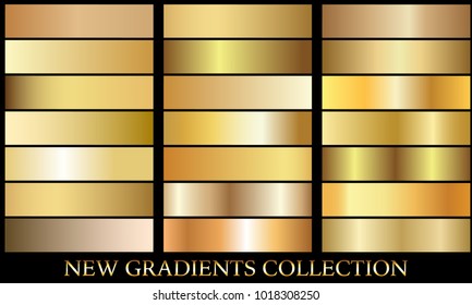 Gold gradient set background vector icon texture metallic illustration for frame, ribbon, banner, coin and label. Realistic abstract golden design seamless pattern. Elegant light and shine template