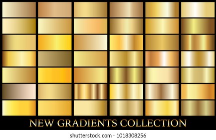 Gold gradient set background vector icon texture metallic illustration for frame, ribbon, banner, coin and label. Realistic abstract golden design seamless pattern. Elegant light and shine template