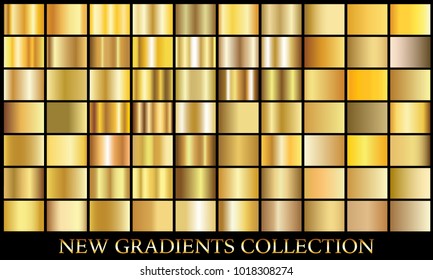 Gold gradient set background vector icon texture metallic illustration for frame, ribbon, banner, coin and label. Realistic abstract golden design seamless pattern. Elegant light and shine template