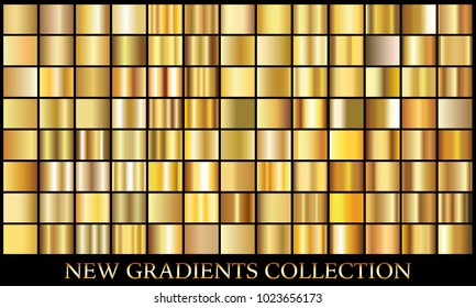 Gold gradient set background vector icon texture metallic illustration for frame, ribbon, banner, coin and label. Realistic abstract golden design seamless pattern. Elegant light and shine template