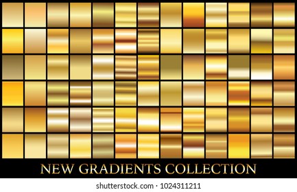 Gold gradient set background vector icon texture metallic illustration for frame, ribbon, banner, coin and label. Realistic abstract golden design seamless pattern. Elegant light shine template