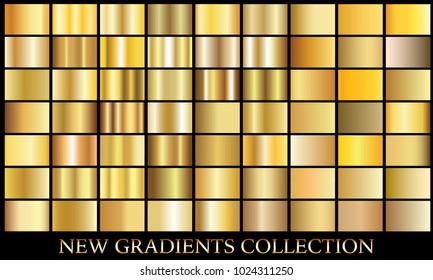 Gold gradient set background vector icon texture metallic illustration for frame, ribbon, banner, coin and label. Realistic abstract golden design seamless pattern. Elegant light shine template