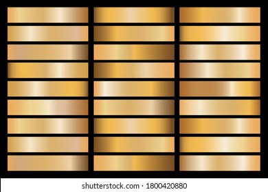 Gold gradient set background vector icon texture metallic illustration for frame, ribbon, banner, coin and label. Realistic abstract golden design seamless pattern. Elegant light and shine template