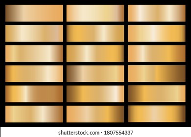 Gold gradient set background vector icon texture metallic illustration for frame, ribbon, banner, coin and label. Realistic abstract golden design seamless pattern. Elegant light and shine template
