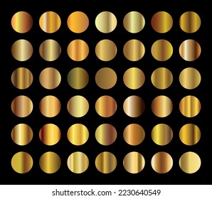 Gold gradient set background vector icon texture metallic illustration for frame, ribbon, banner, coin and label. Realistic abstract golden design seamless pattern. Elegant light and shine template